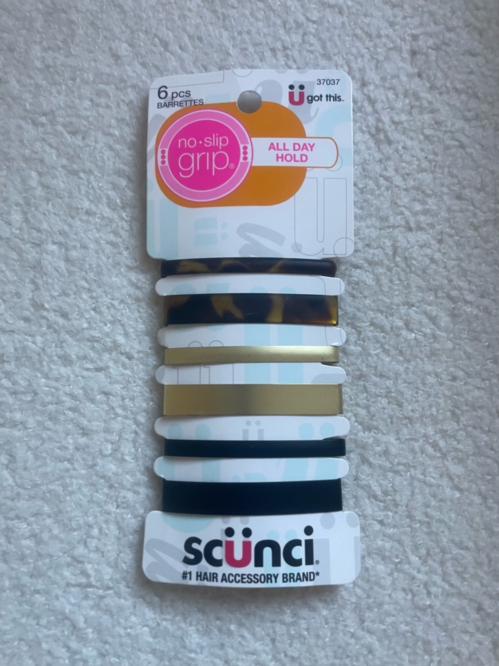 New Scunci No-Slip Grip Assorted Black Gold Tortoiseshell Hair Barrettes -6 Pack